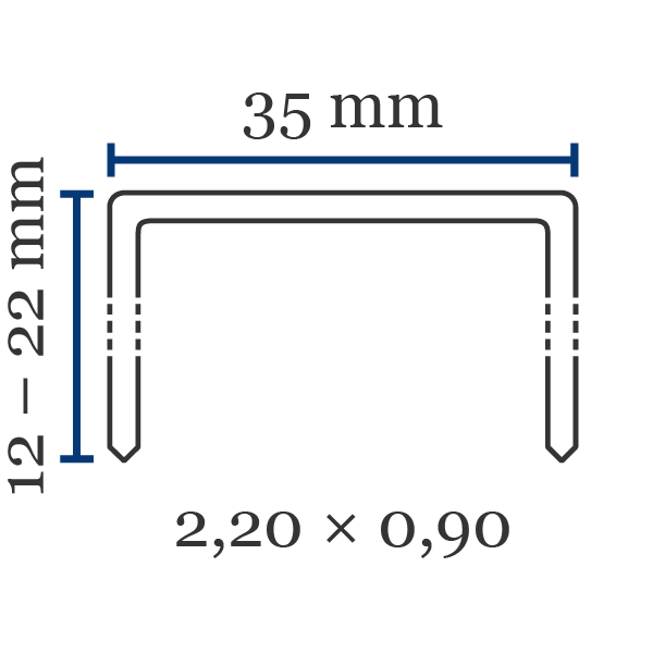 Klammer JK560 Främsta kännetecken för klammer av typen JK560:Ryggbredd (mm): 35Benlängd (mm): 12–22Trådtjocklek (l×b i mm): 2,20×0,90Material (som standard): stålKan också fås i: förkopprat, förzinkat stålSpets: mejselspets
