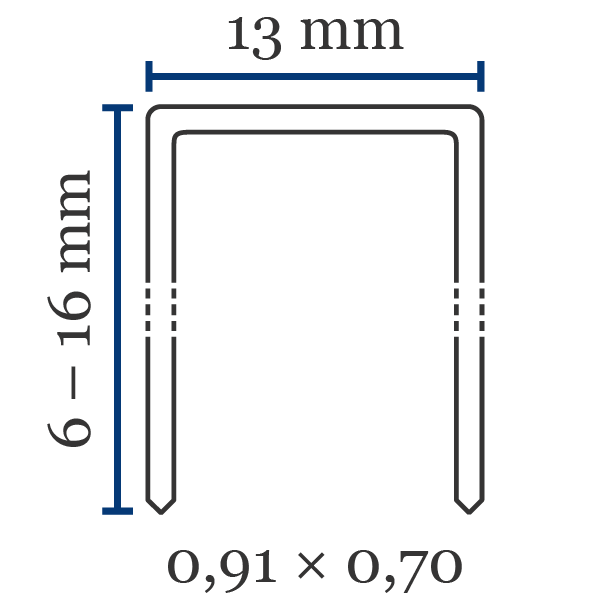 Klammer BeA 80/380 Främsta kännetecken för klammer av typen BeA 80/380:Ryggbredd (mm): 13Benlängd (mm): 6–16Trådtjocklek (l×b i mm): 0,91×0,70Material (som standard): stålKan också fås i: rostfritt stål, förzinkat stål eller härdat stålSpets: mejselspets